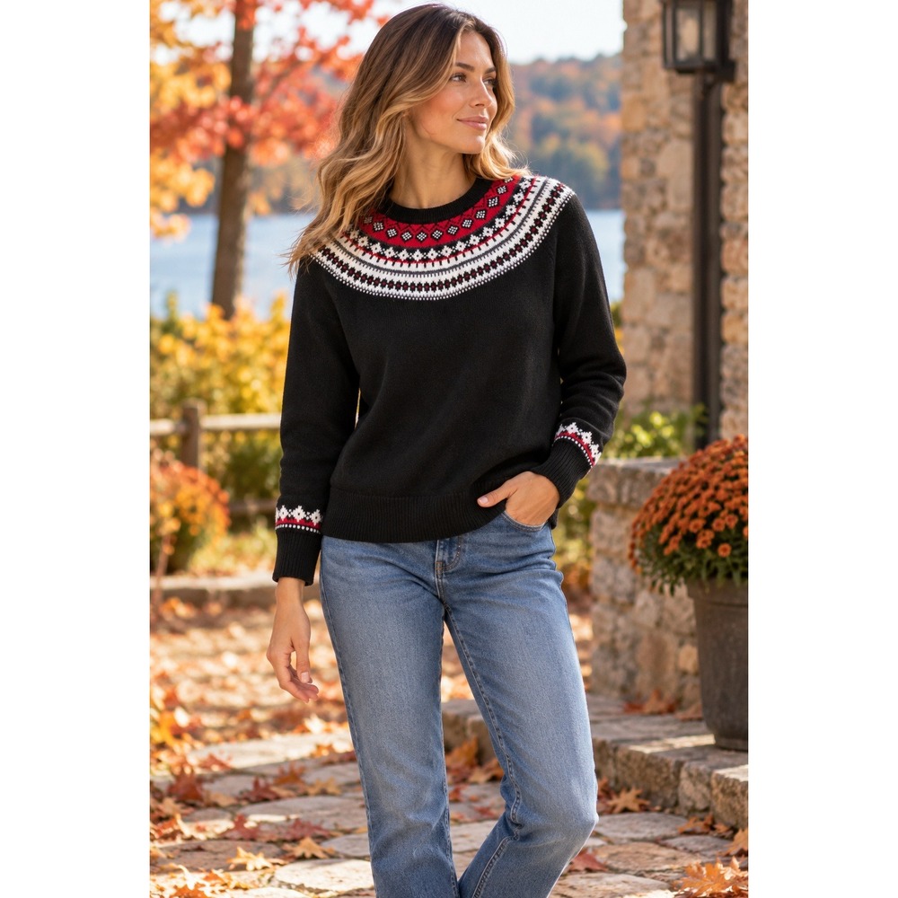 Talbots Fair Isle Sweater Womens S Black Red Lambswool Blend Preppy Nordic Cozy